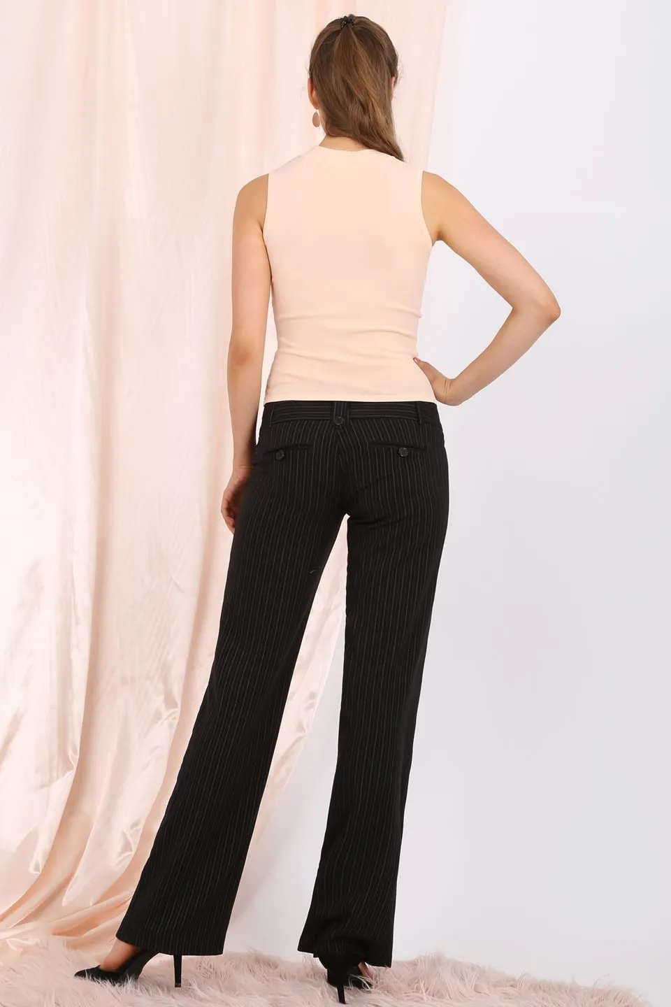 MISS PINKI Dakota tailored pinstripe work pants in black