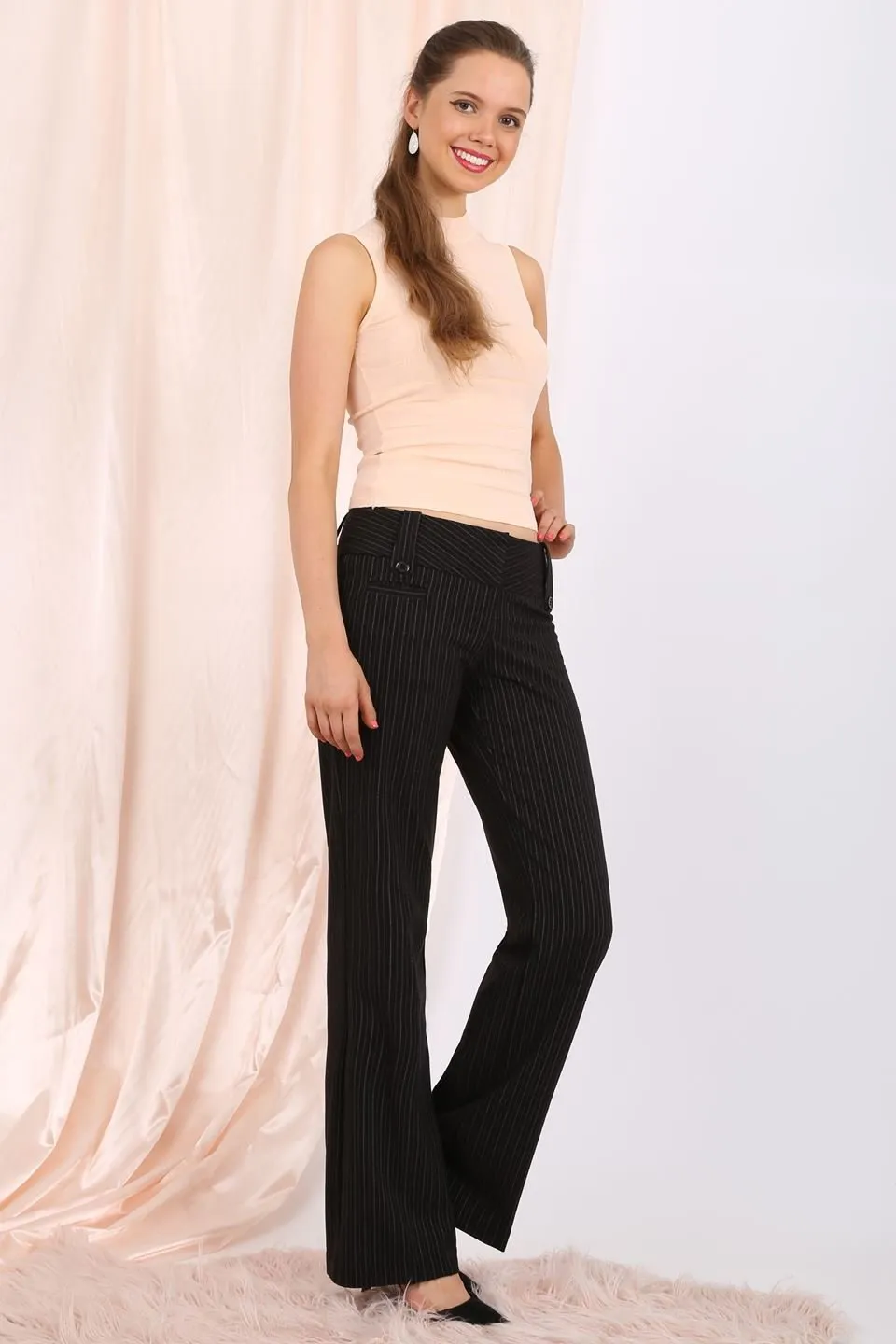 MISS PINKI Dakota tailored pinstripe work pants in black