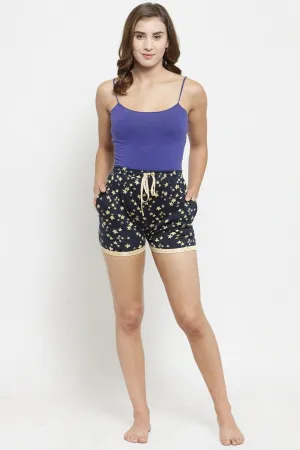 Navy Star Solid Printed Cotton Lounge Shorts