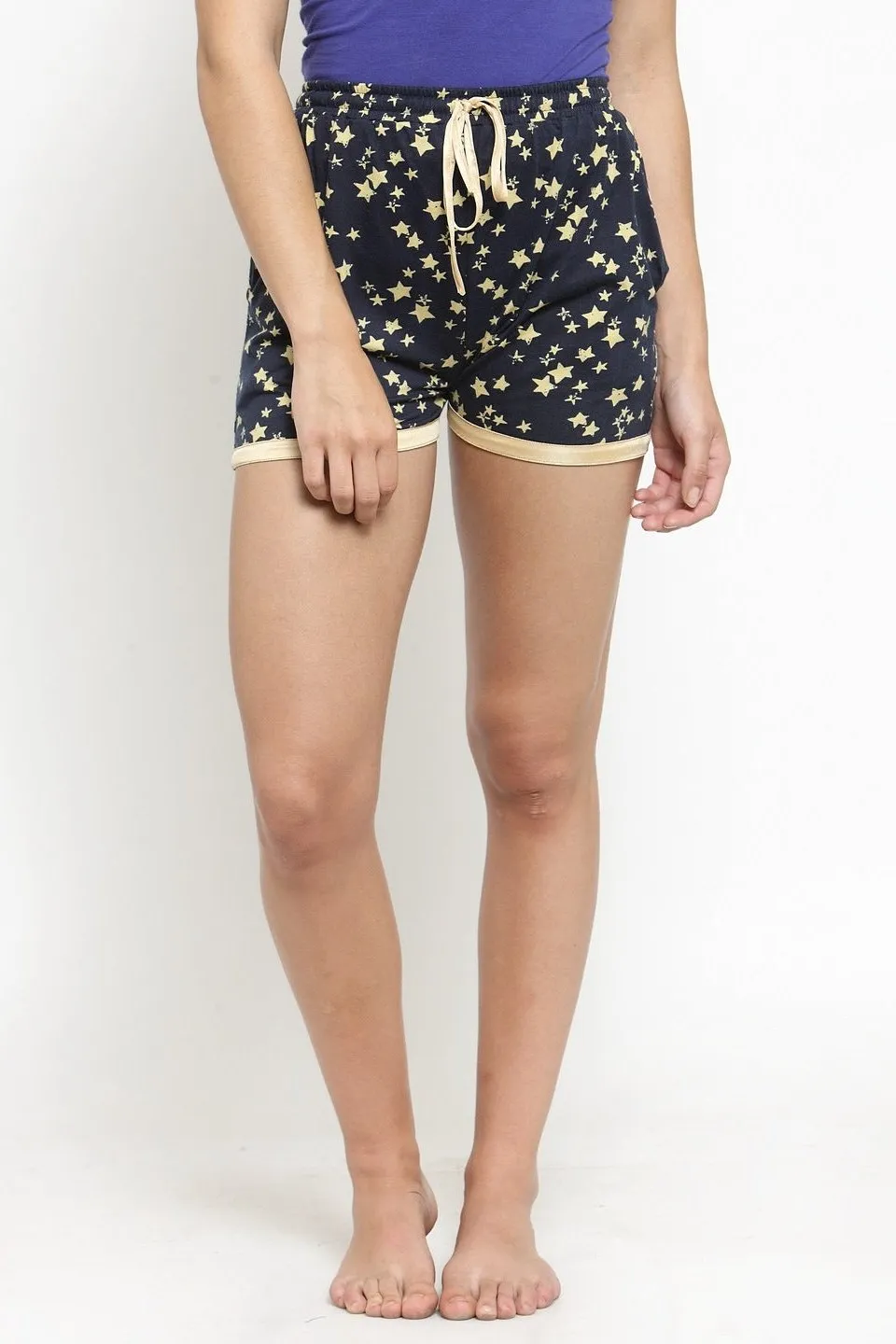 Navy Star Solid Printed Cotton Lounge Shorts
