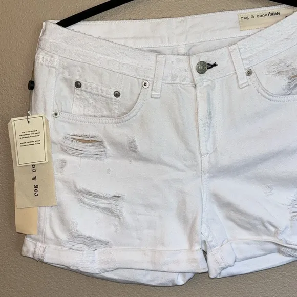 NEW! rag &amp; bone REBEL Bright White Boyfriend Shorts Distressed Denim Jean Sz 27