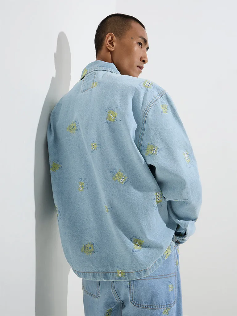 Nuon Light Blue Embroidered Relaxed-Fit Denim Jacket