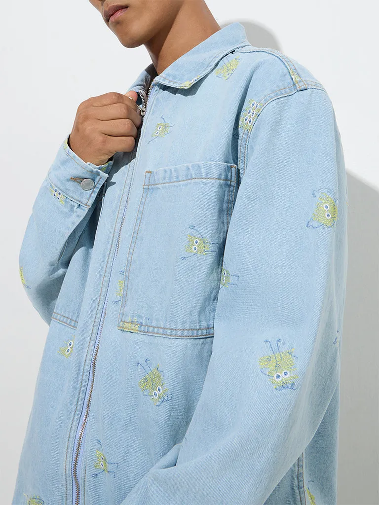 Nuon Light Blue Embroidered Relaxed-Fit Denim Jacket
