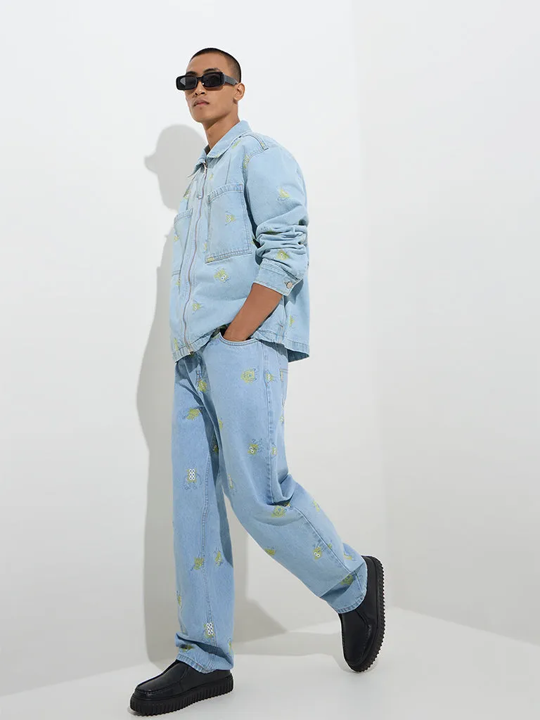 Nuon Light Blue Embroidered Relaxed-Fit Denim Jacket