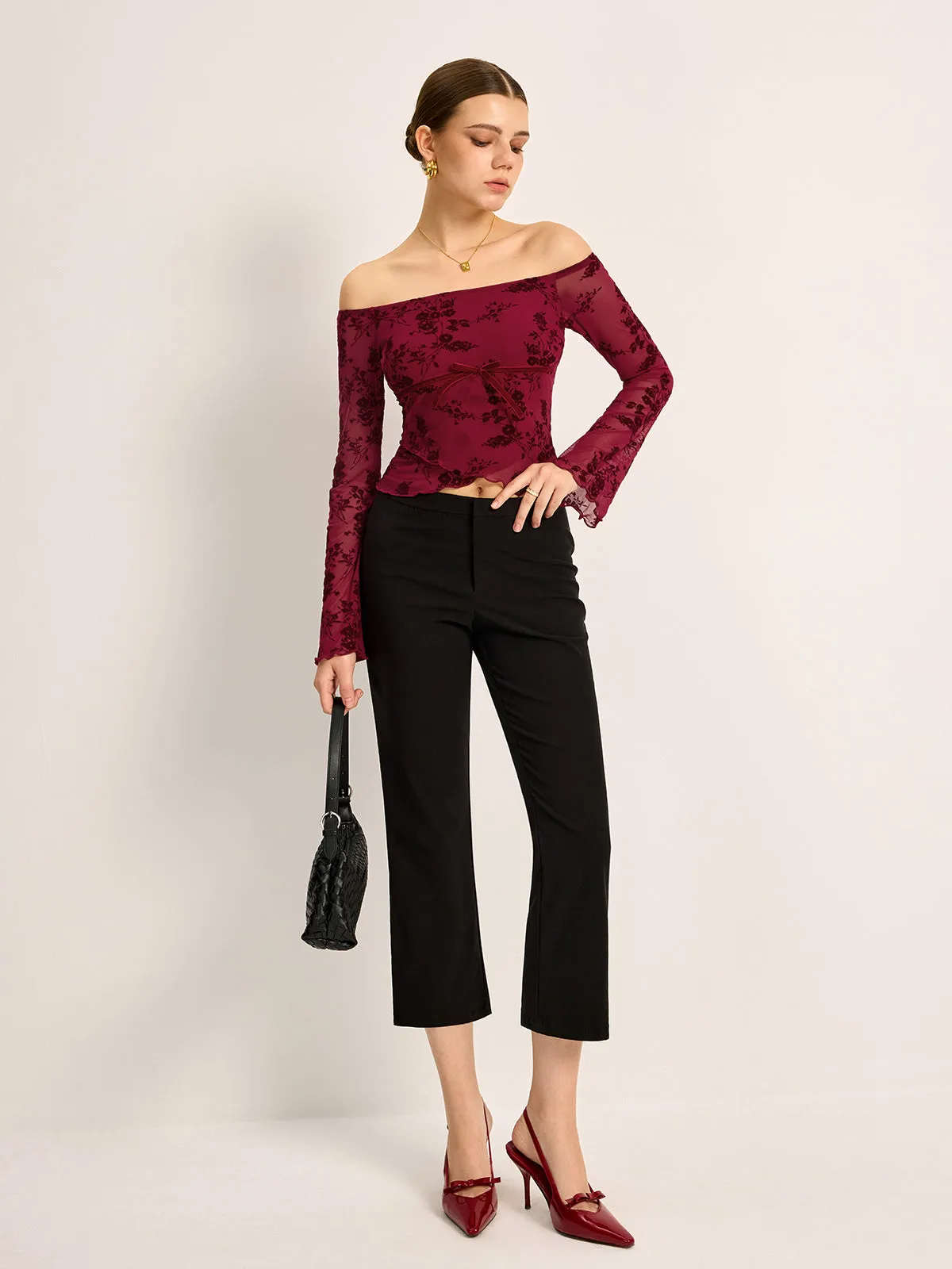 Off-Shoulder Floral Print Semi-Sheer T-Shirt