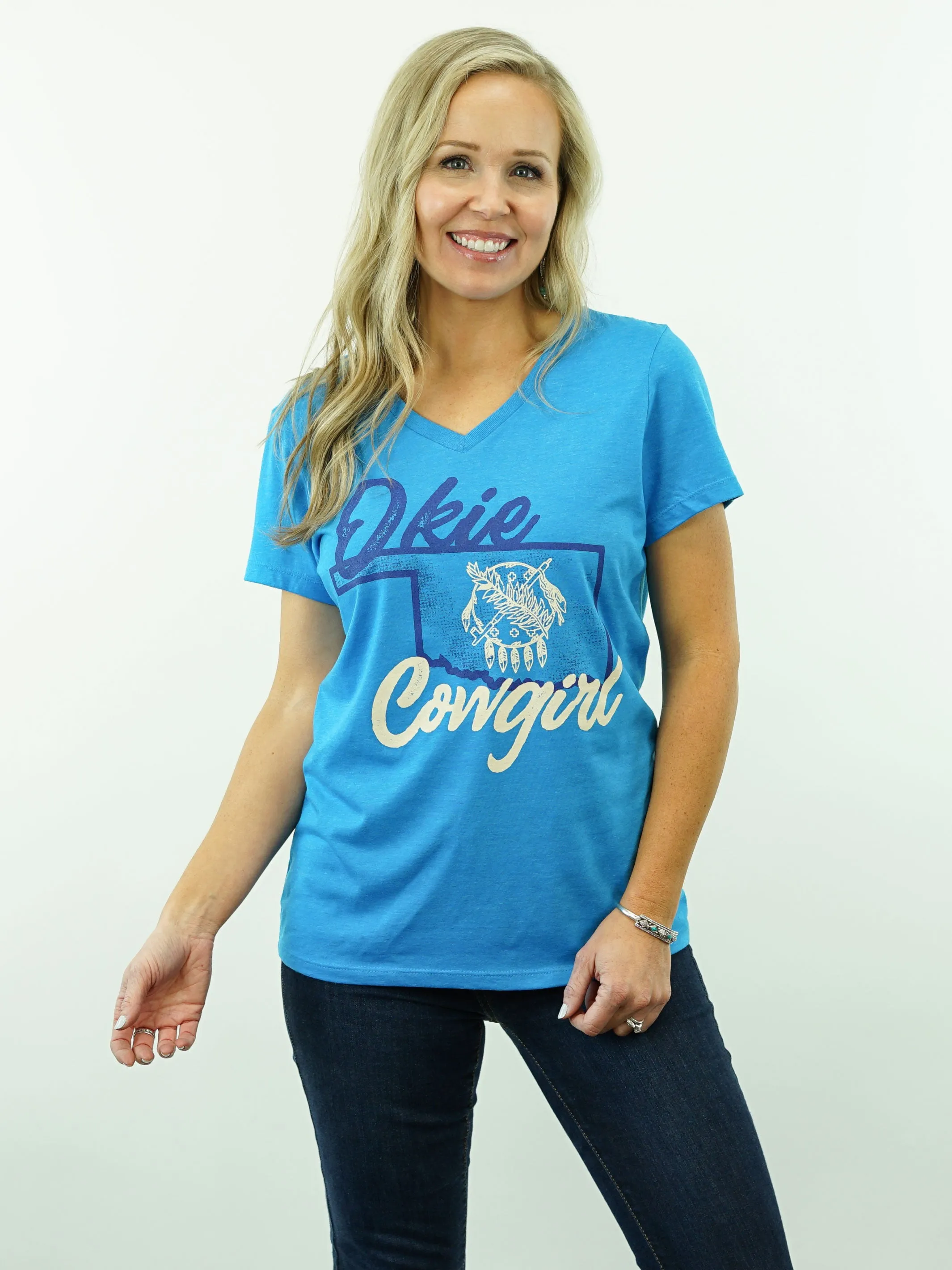 Okie Cowgirl - V-Neck, Women's Cut, T-Shirt - Blue Heather