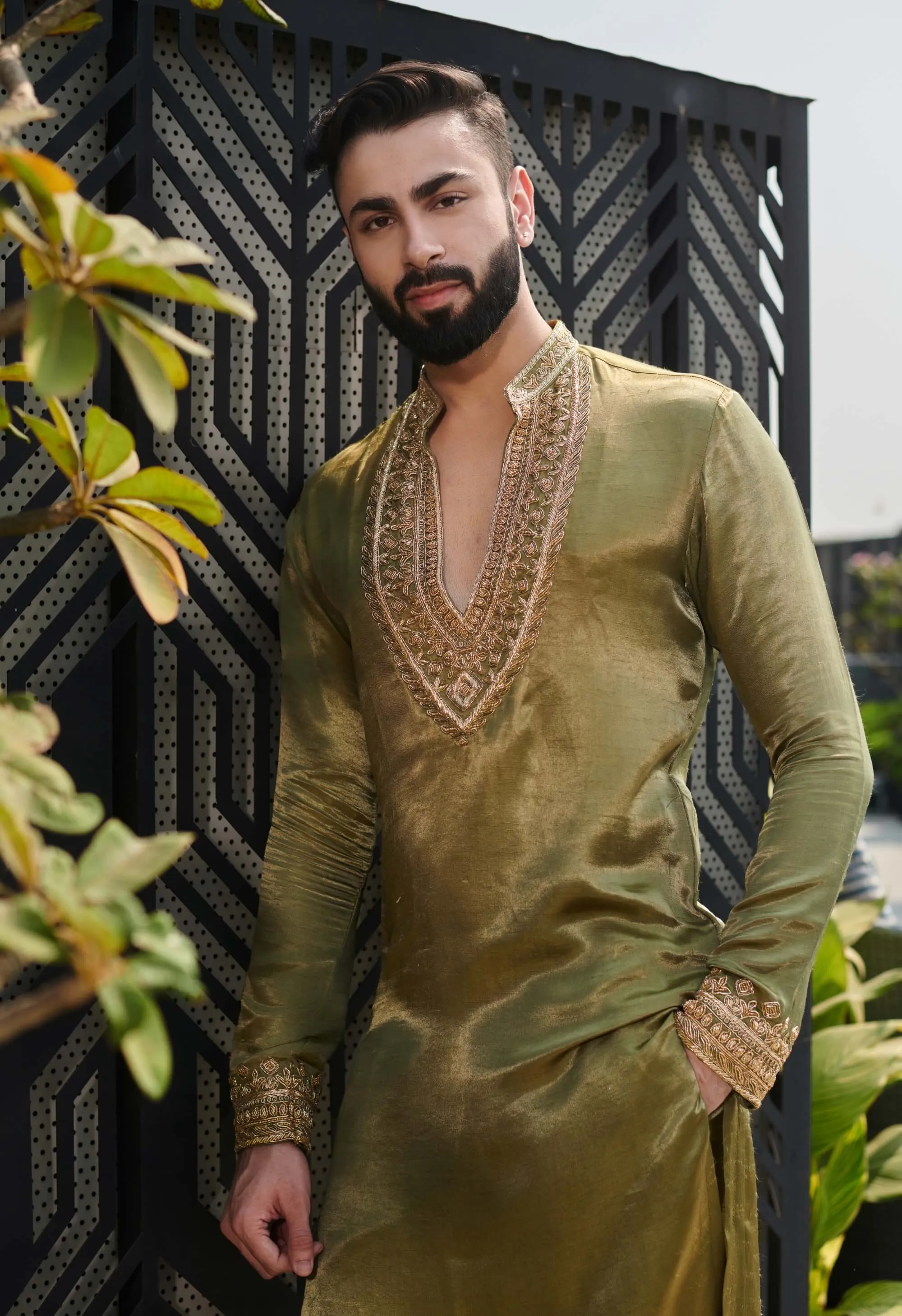 Olive green silk kurta and pants
