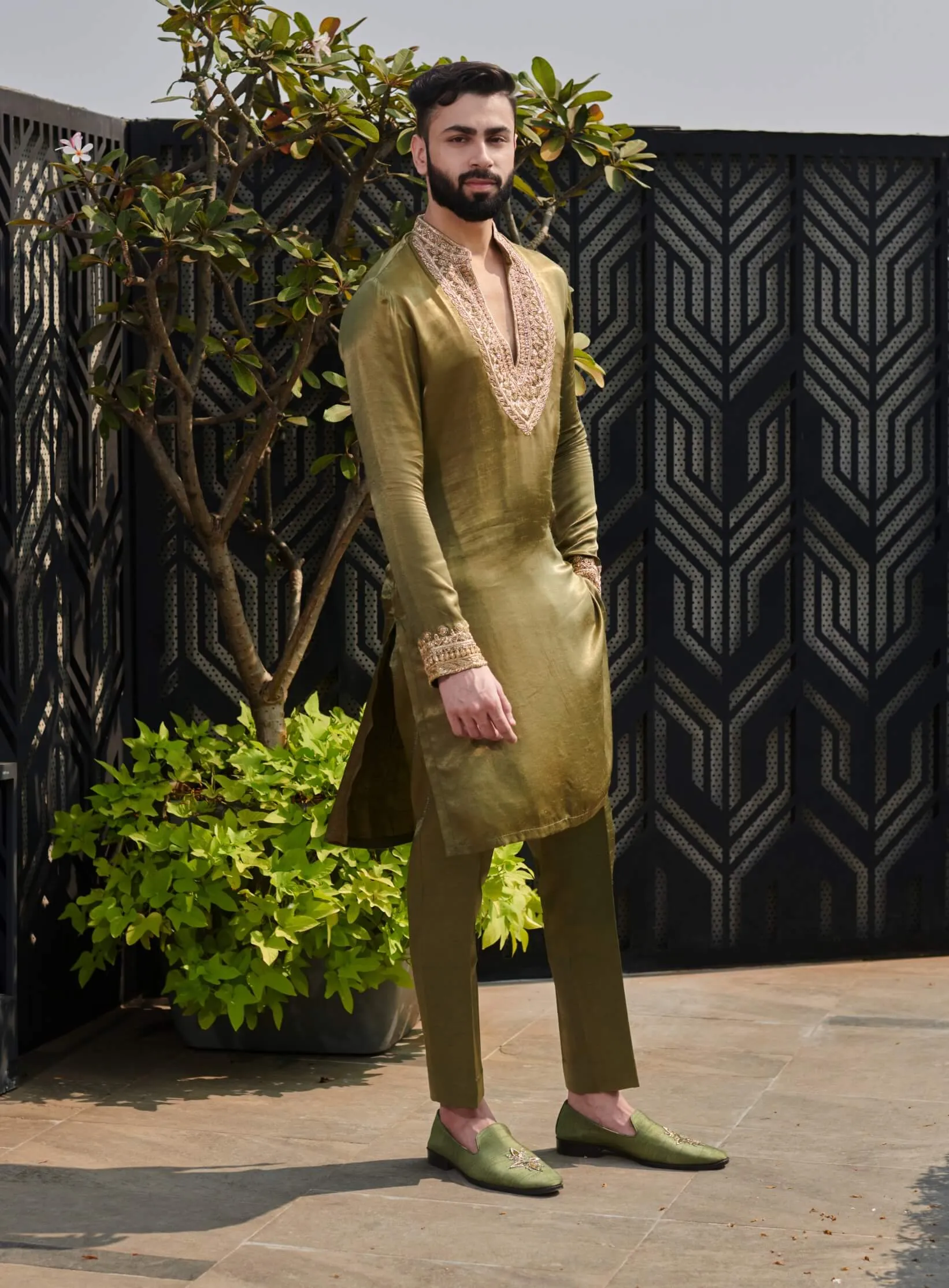 Olive green silk kurta and pants