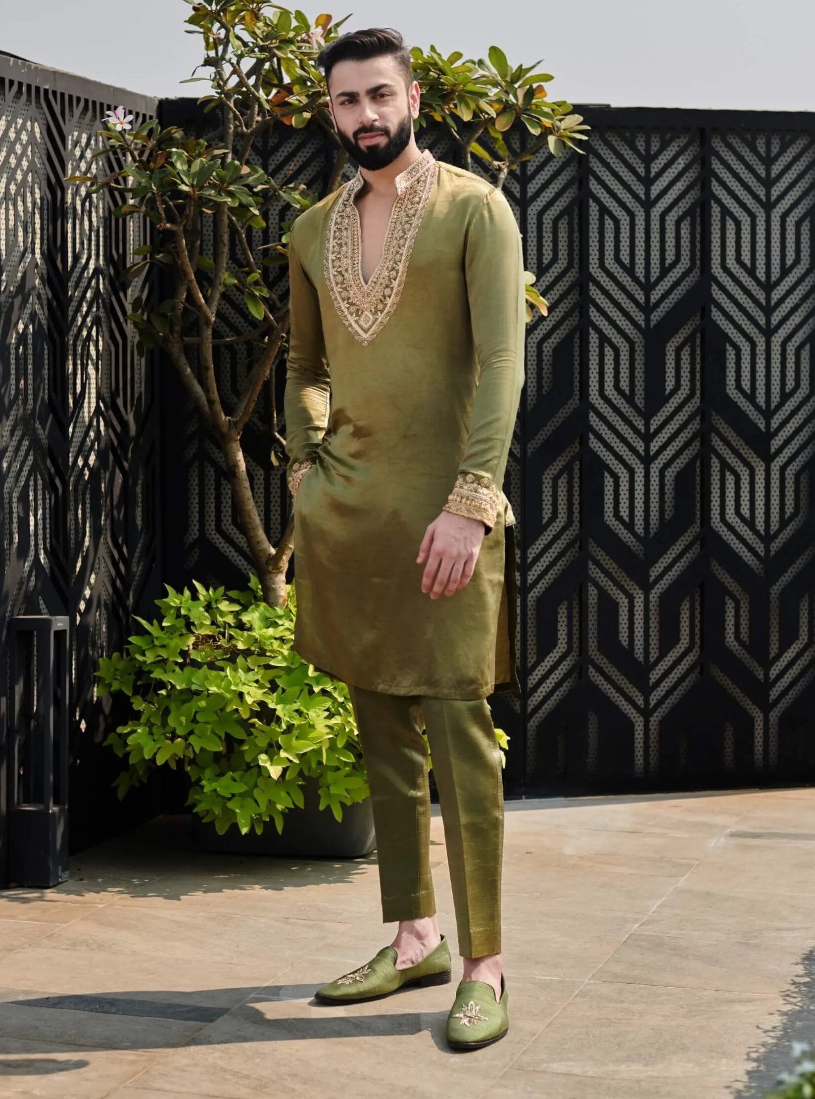 Olive green silk kurta and pants