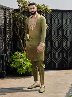 Olive green silk kurta and pants