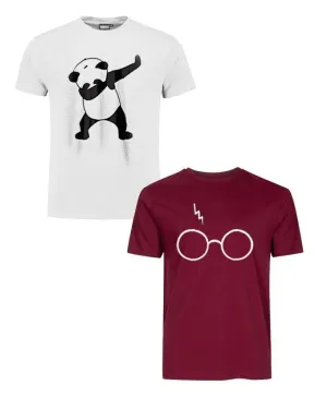 Pack Of 2 - White Panda Dap and Maroon Harry Glasses Cotton Printed T-Shirt