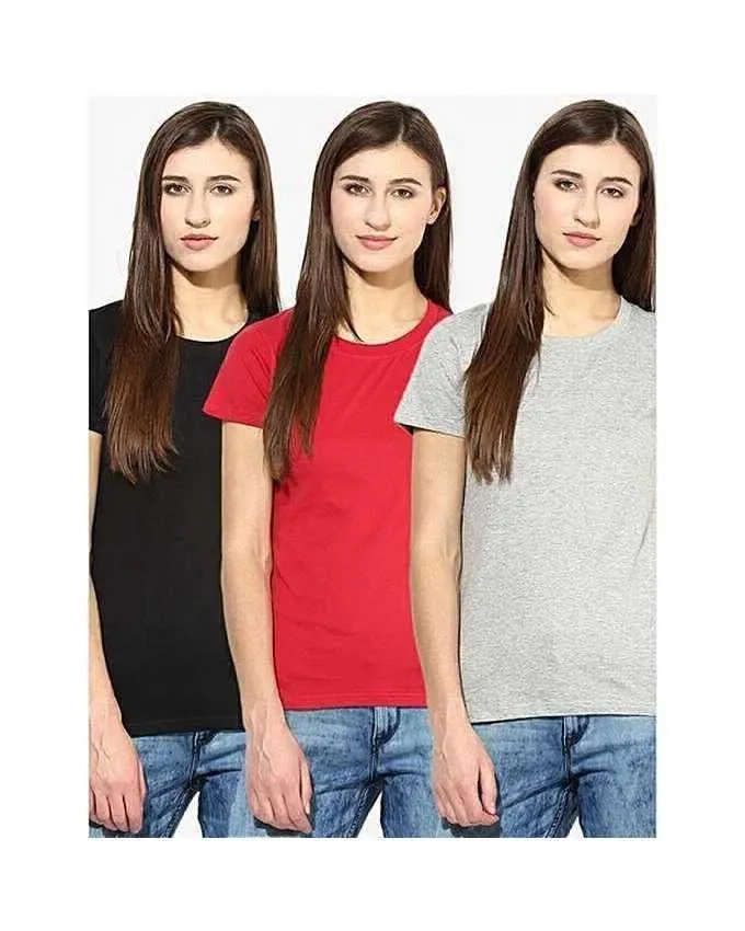 Pack of -3 Multicoor Cotton Basic Tshirts For Women