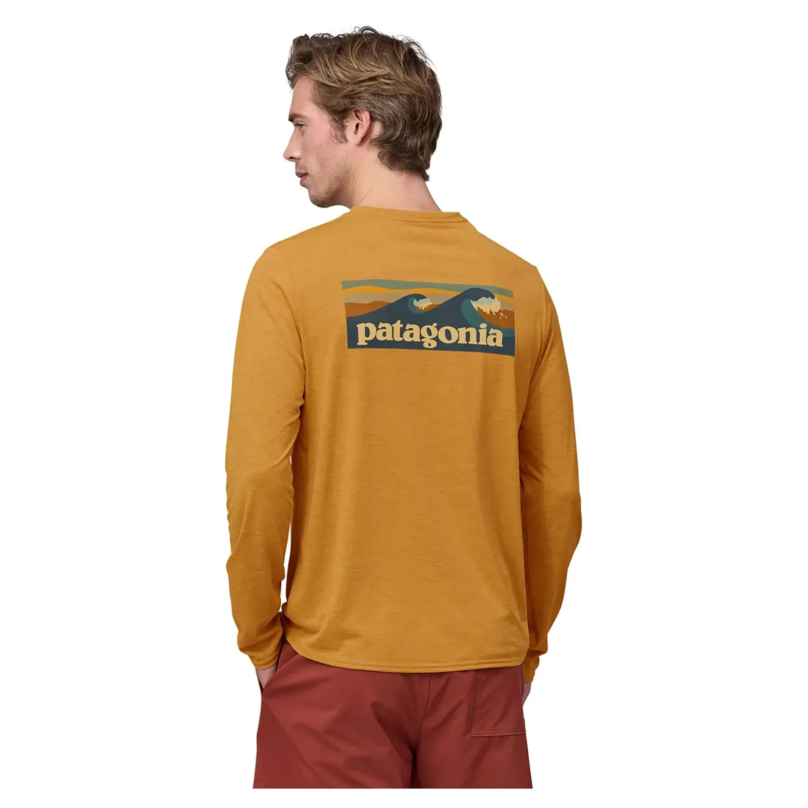 Patagonia Men's Long Sleeved Capilene Cool Daily Graphic Shirt - Waters - Boardshort Logo/Pufferfish Gold X-Dye