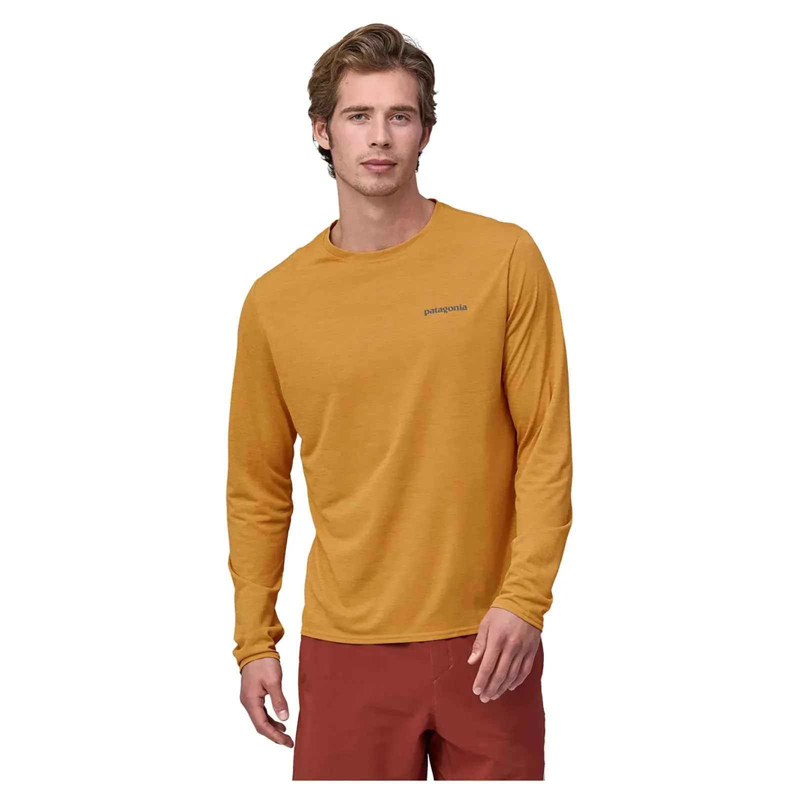 Patagonia Men's Long Sleeved Capilene Cool Daily Graphic Shirt - Waters - Boardshort Logo/Pufferfish Gold X-Dye