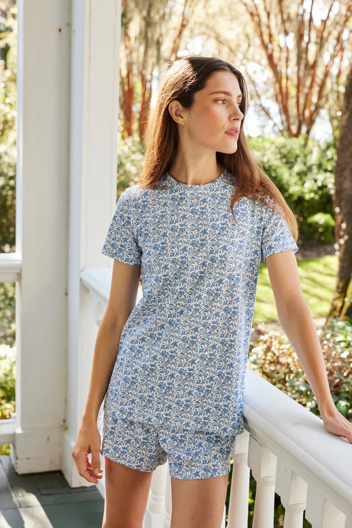 Pima Crew Shorts Set in Delft Blue Garden Floral