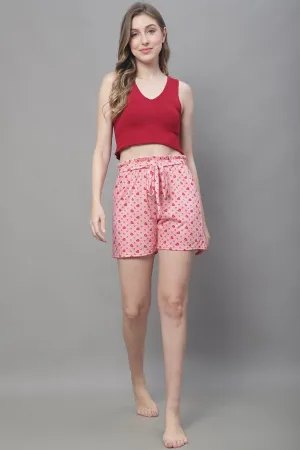 Pink Color Floral Printed Cotton Shorts For Woman
