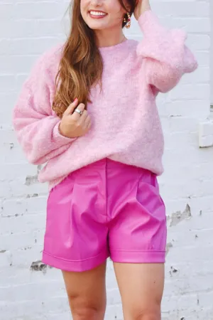 Pink Pleated Leather High Waist Shorts
