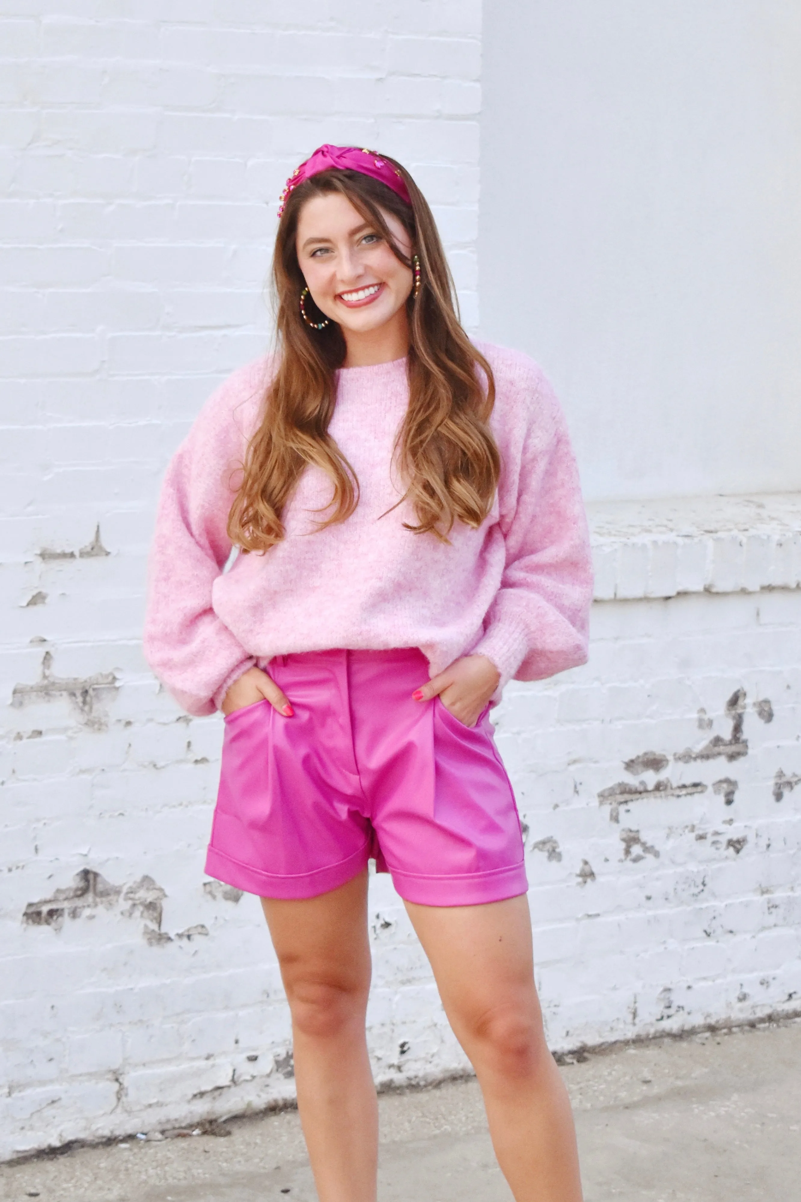 Pink Pleated Leather High Waist Shorts