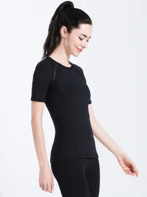 PLEATED MESH TEE, BLACK