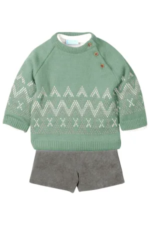 "Florian" Leaf Green Knit Jumper, Shirt & Cord Shorts