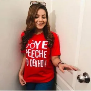 Red Oye Peechay To Dekho Cotton Printed T-shirt For Womens