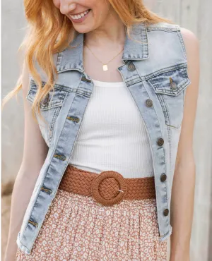 RESTOCK Soft Wash Denim Vest. in Light Wash.