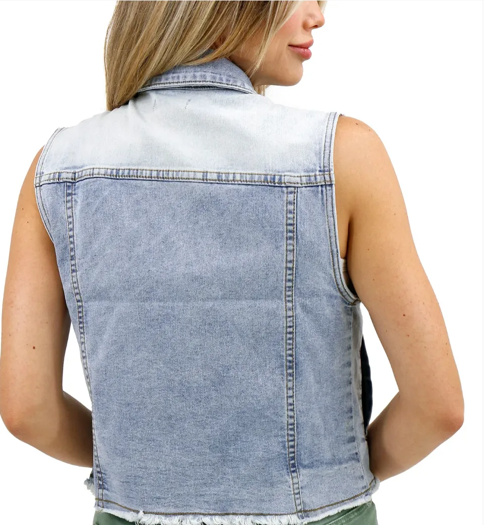 RESTOCK Soft Wash Denim Vest. in Light Wash.