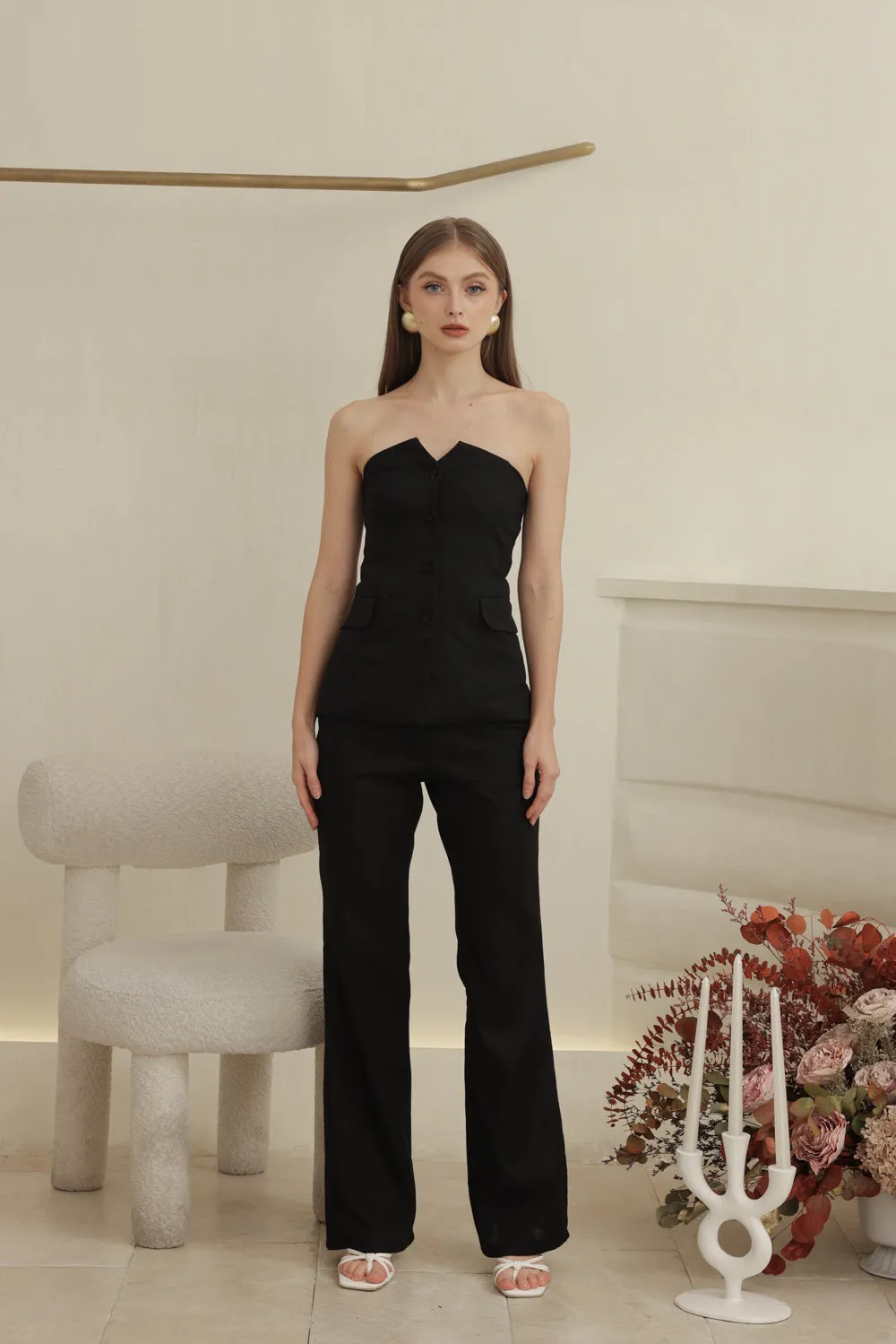 ROMILLY PANT SET Strapless Suit Top and Straight Cut Trouser (Black Linen)