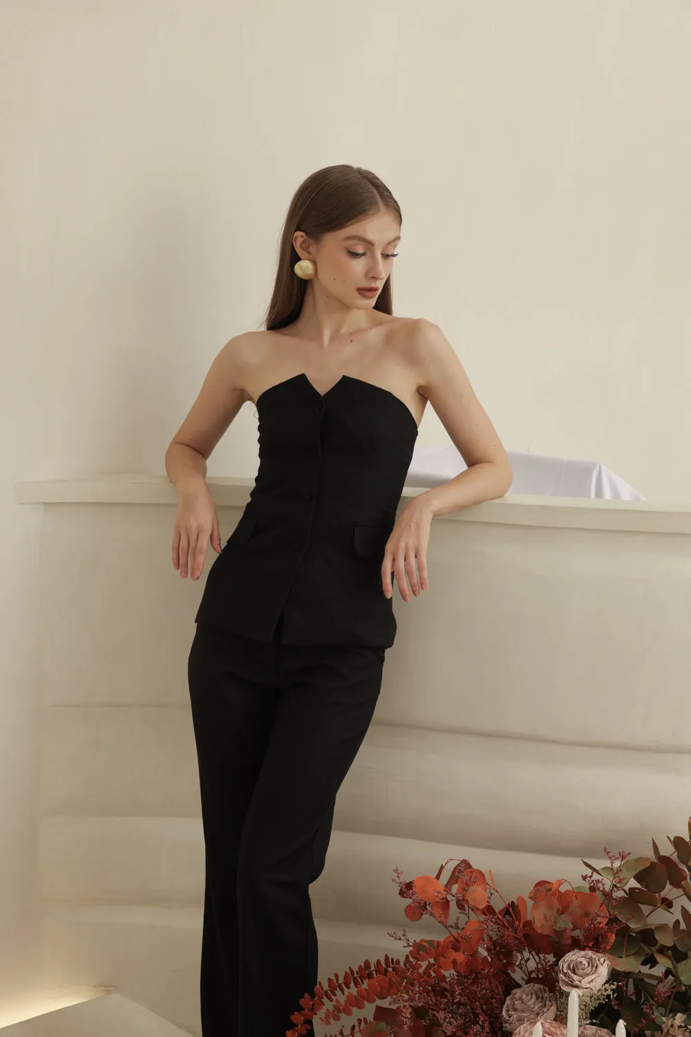 ROMILLY PANT SET Strapless Suit Top and Straight Cut Trouser (Black Linen)