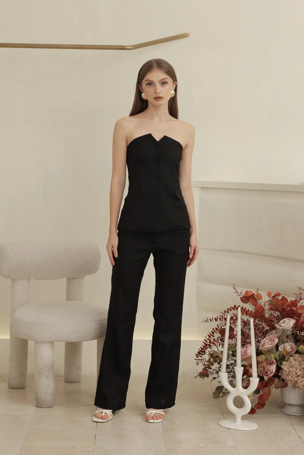 ROMILLY PANT SET Strapless Suit Top and Straight Cut Trouser (Black Linen)