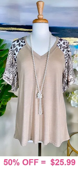 S, M, L Taupe Top with leopard sleeves