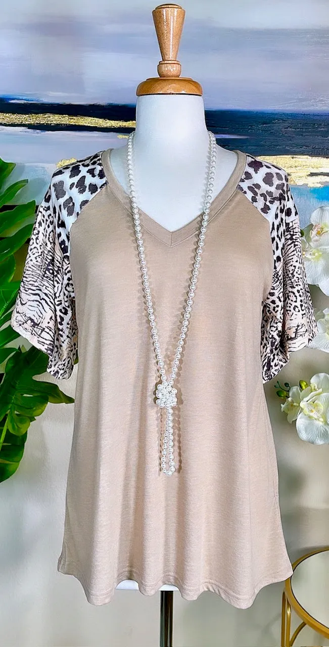 S, M, L Taupe Top with leopard sleeves