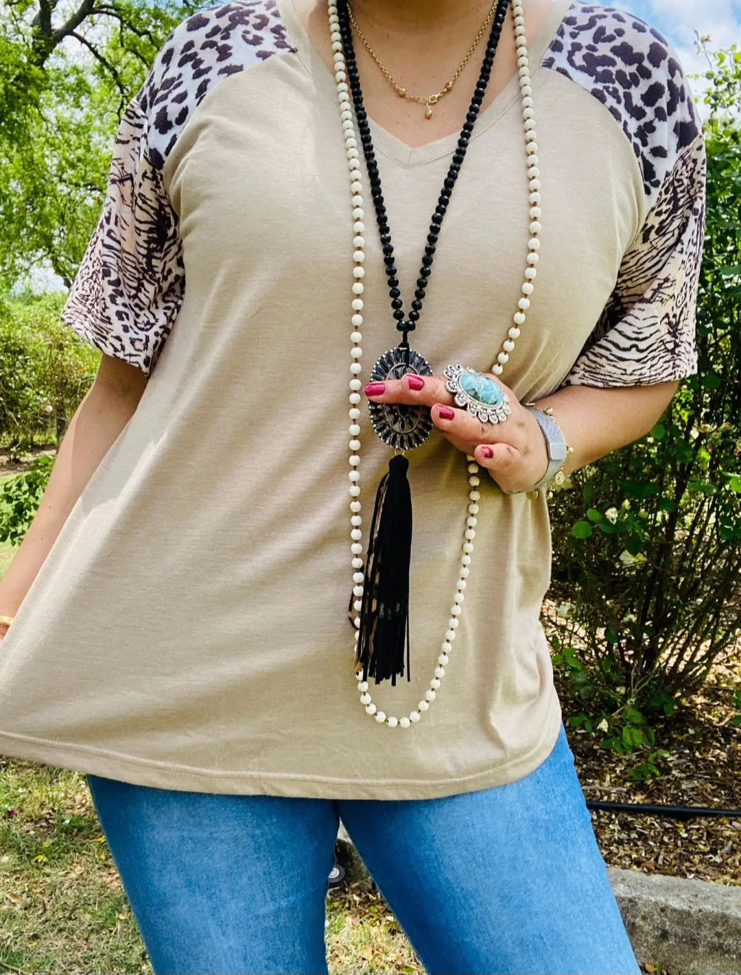 S, M, L Taupe Top with leopard sleeves