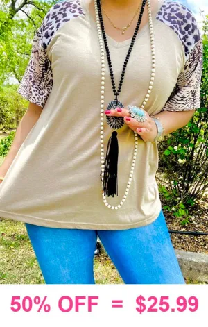 S, M, L Taupe Top with leopard sleeves