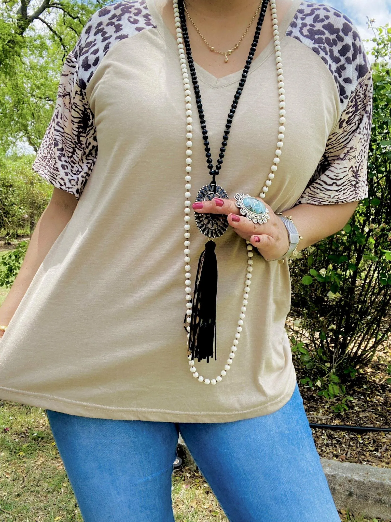 S, M, L Taupe Top with leopard sleeves