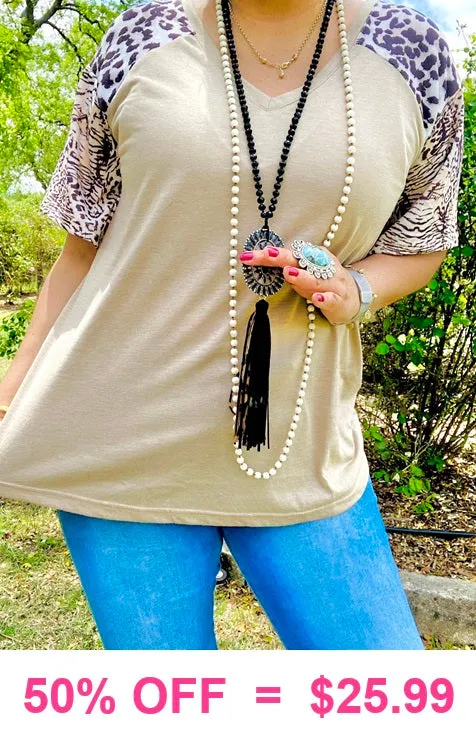 S, M, L Taupe Top with leopard sleeves