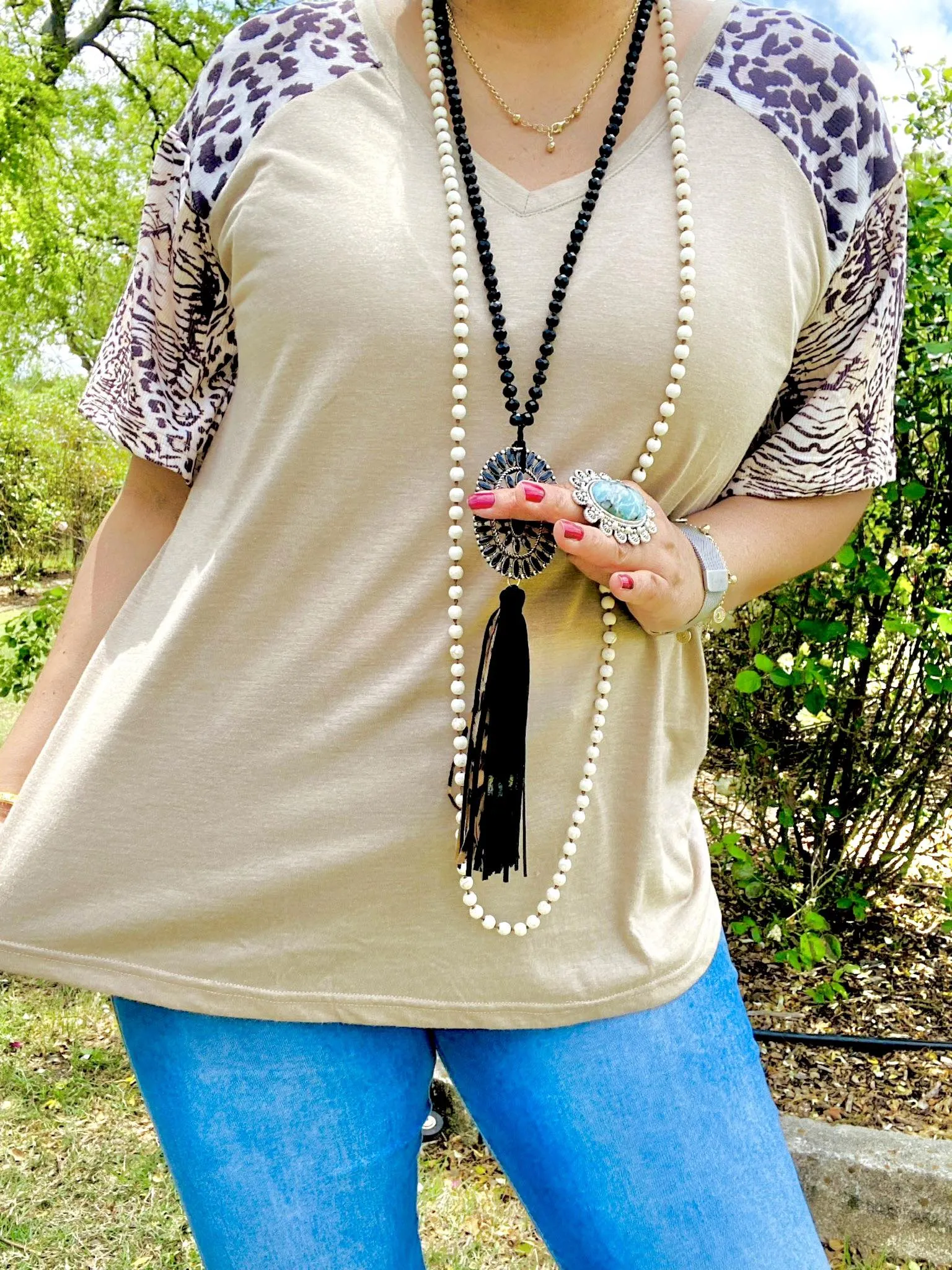 S, M, L Taupe Top with leopard sleeves