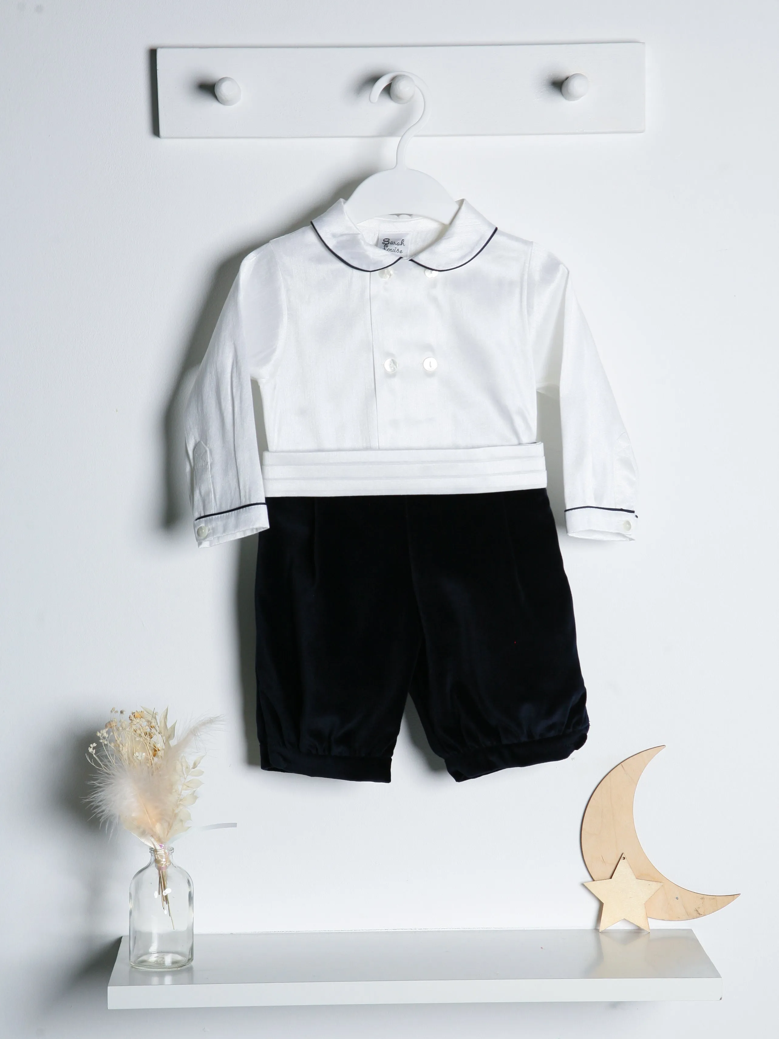 Sarah Louise Ivory Shirt & Navy Velvet Shorts with Cummerbund