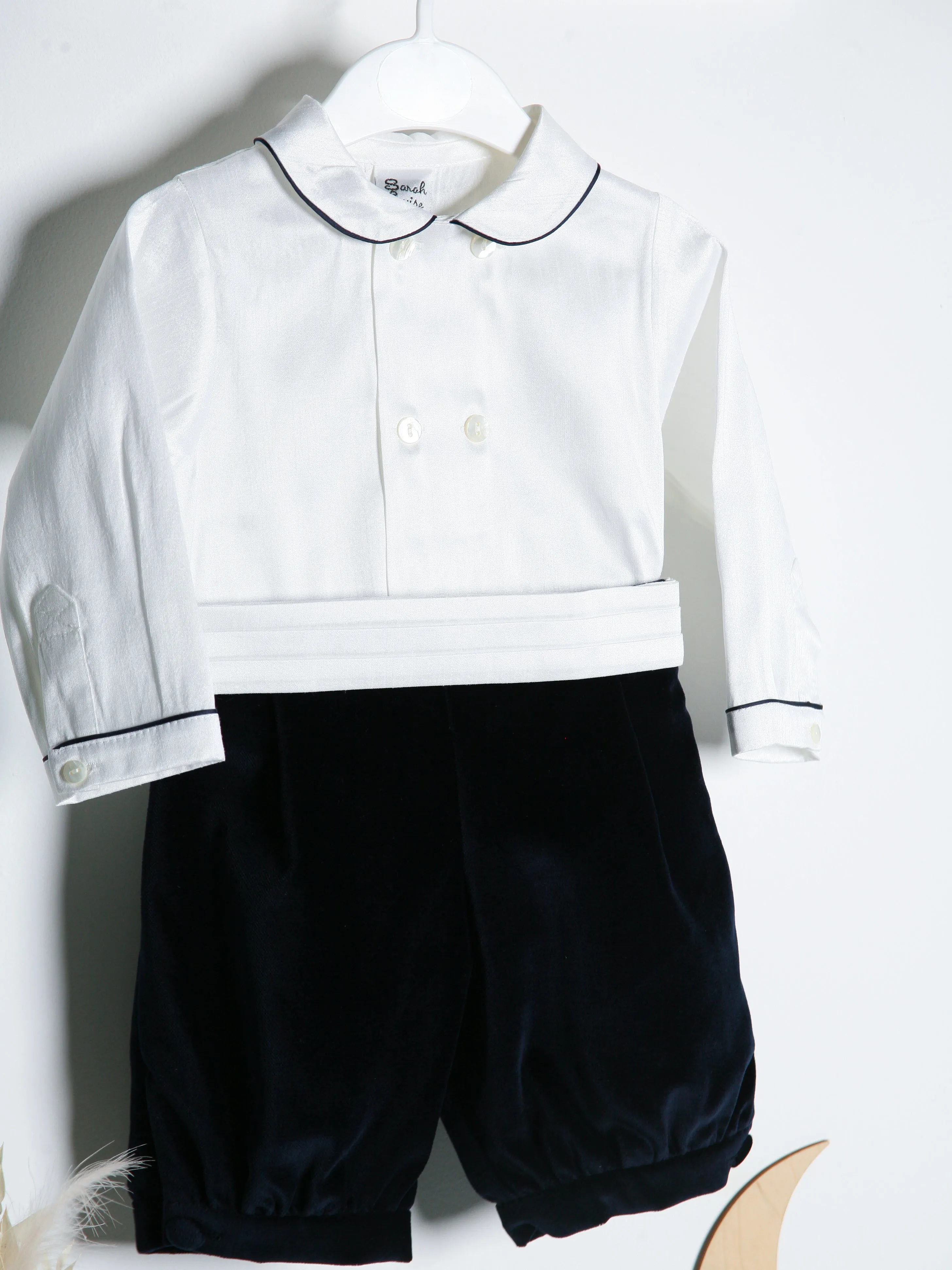 Sarah Louise Ivory Shirt & Navy Velvet Shorts with Cummerbund