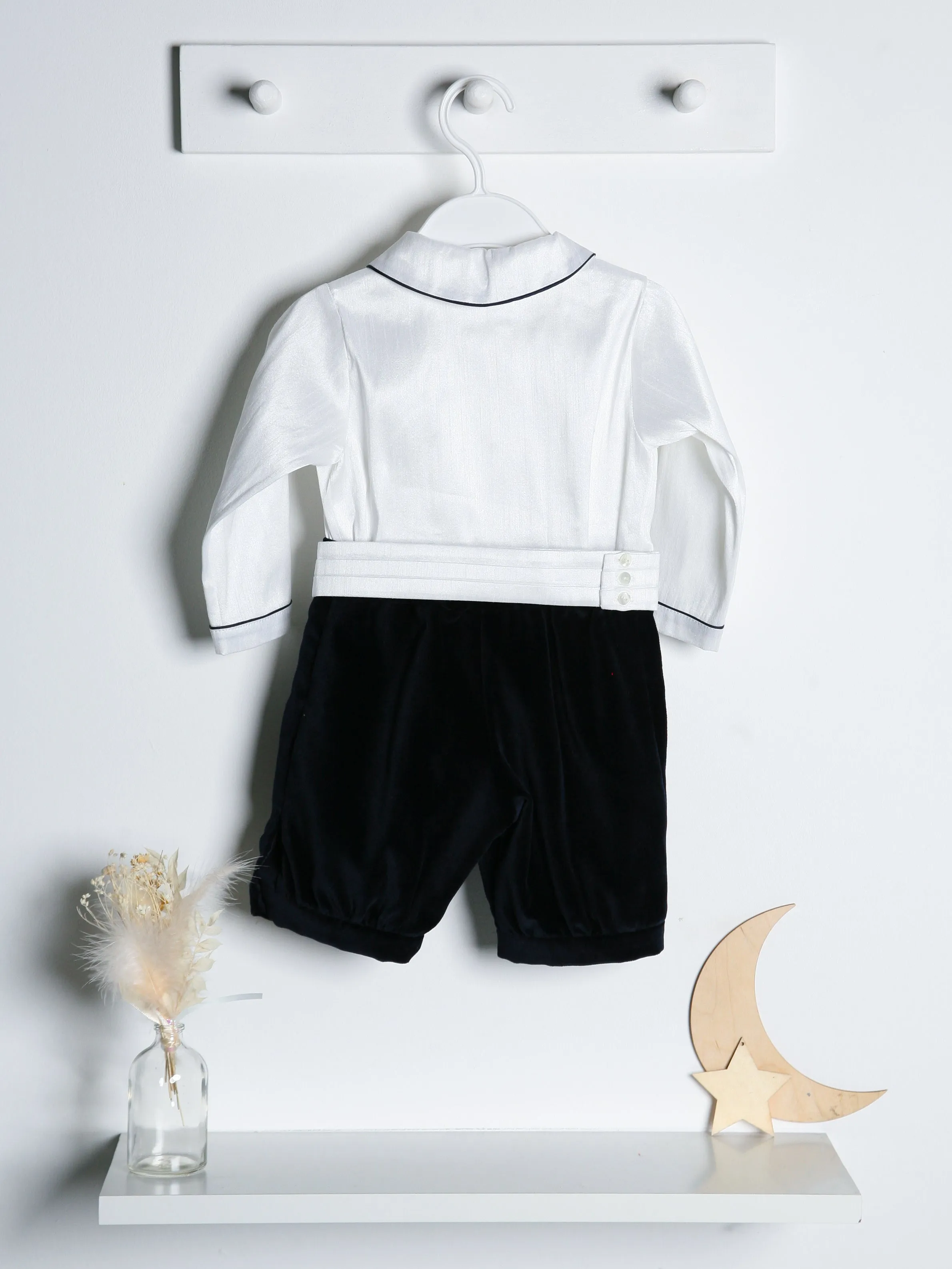Sarah Louise Ivory Shirt & Navy Velvet Shorts with Cummerbund