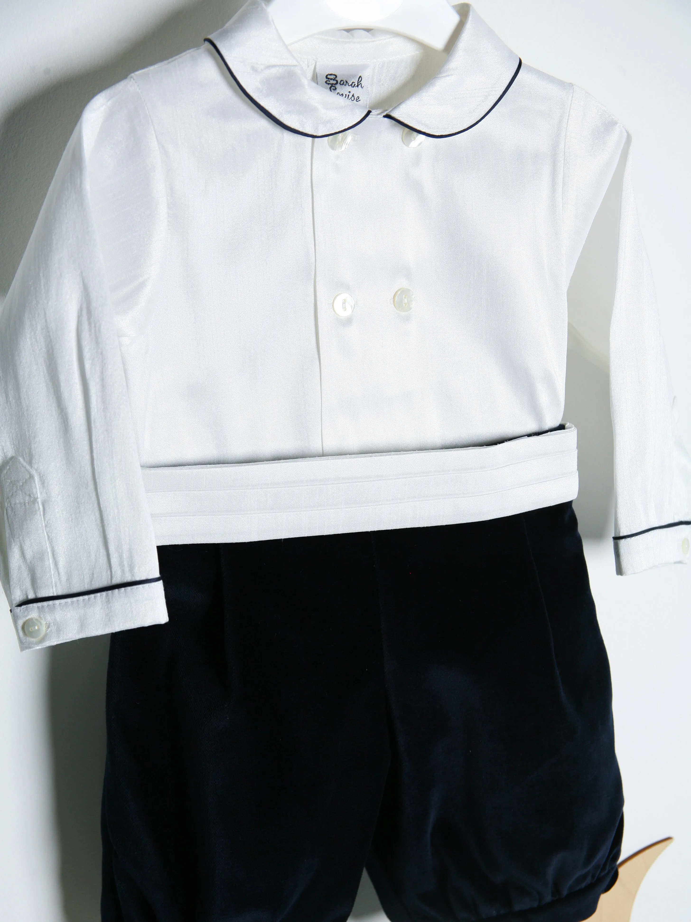 Sarah Louise Ivory Shirt & Navy Velvet Shorts with Cummerbund