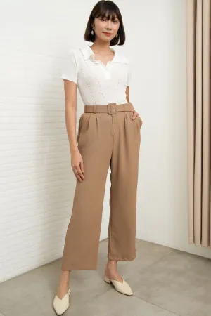 SASKIA Belted High-Waist Tailored Trousers (Latte Brown)