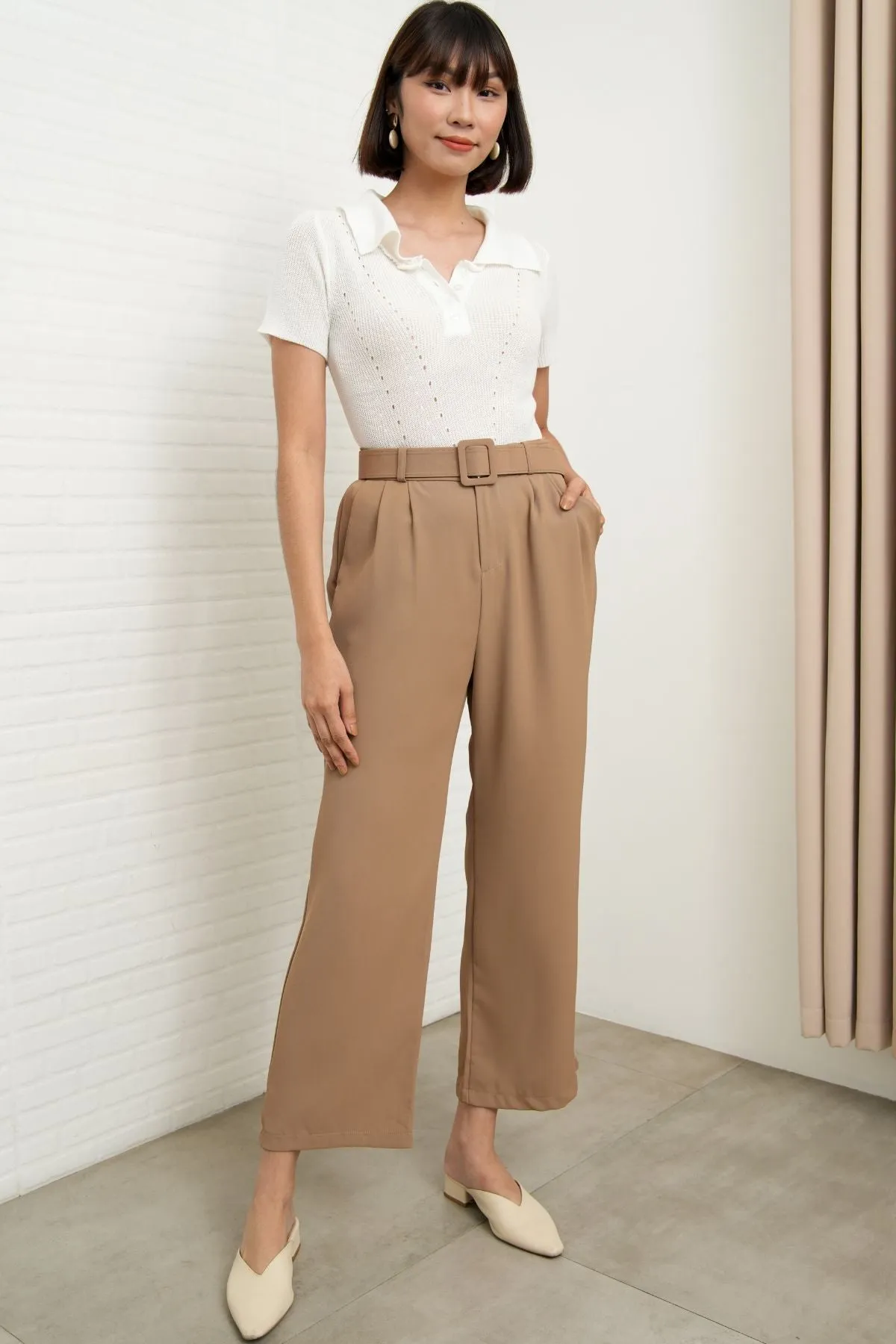 SASKIA Belted High-Waist Tailored Trousers (Latte Brown)