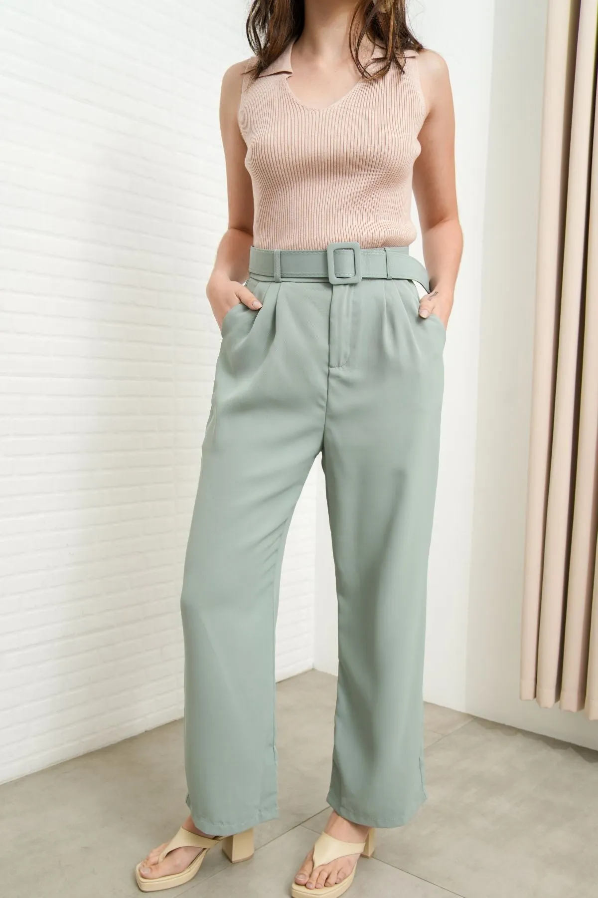 SASKIA Belted High-Waist Tailored Trousers (Sage Green)