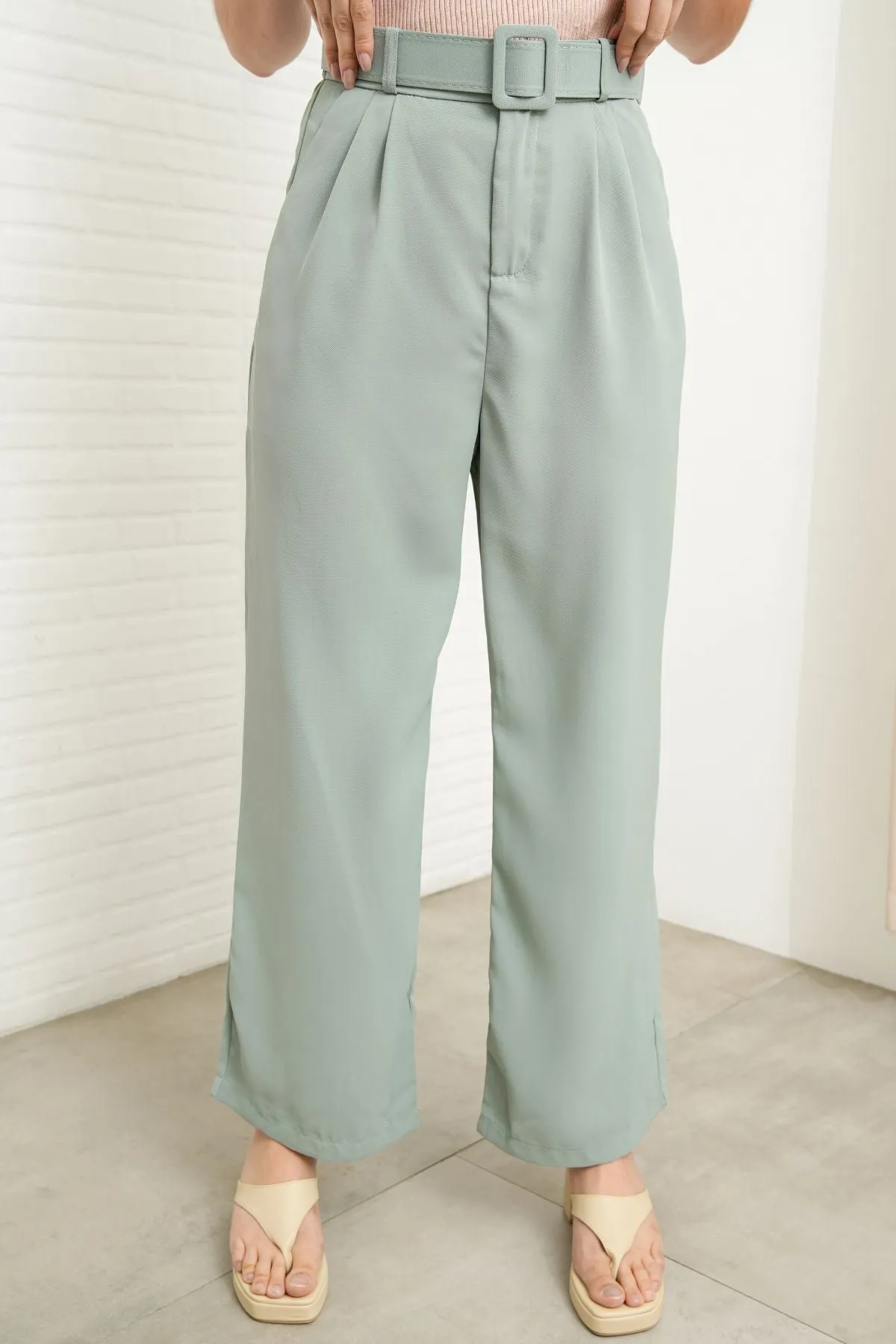 SASKIA Belted High-Waist Tailored Trousers (Sage Green)