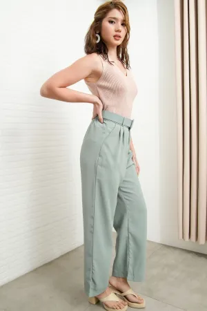SASKIA Belted High-Waist Tailored Trousers (Sage Green)