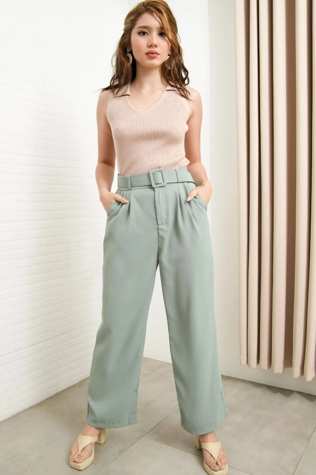 SASKIA Belted High-Waist Tailored Trousers (Sage Green)