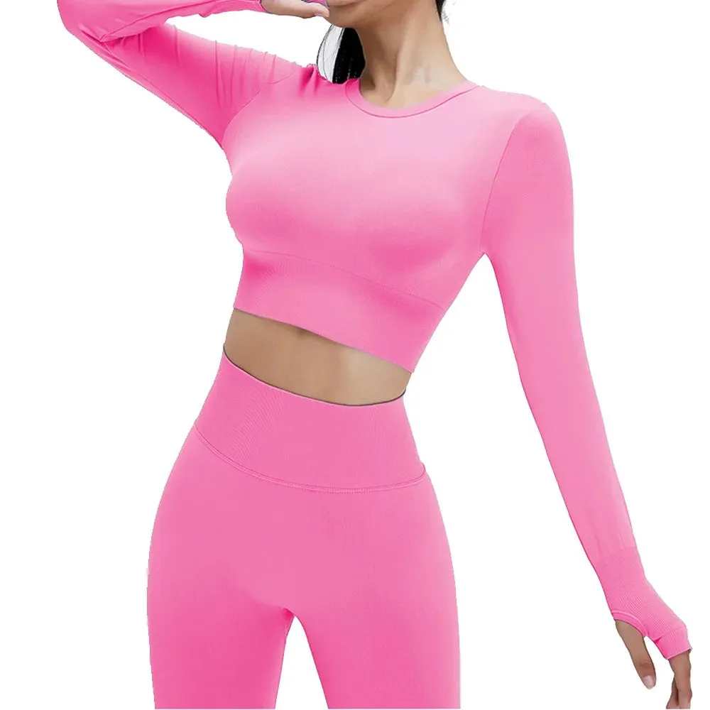 Seamless Sports Suit Yoga Set for Women - Fitness Wear Long Sleeve Yoga Clothing Gym Workout Sportswear, Two-Piece Tracksuit