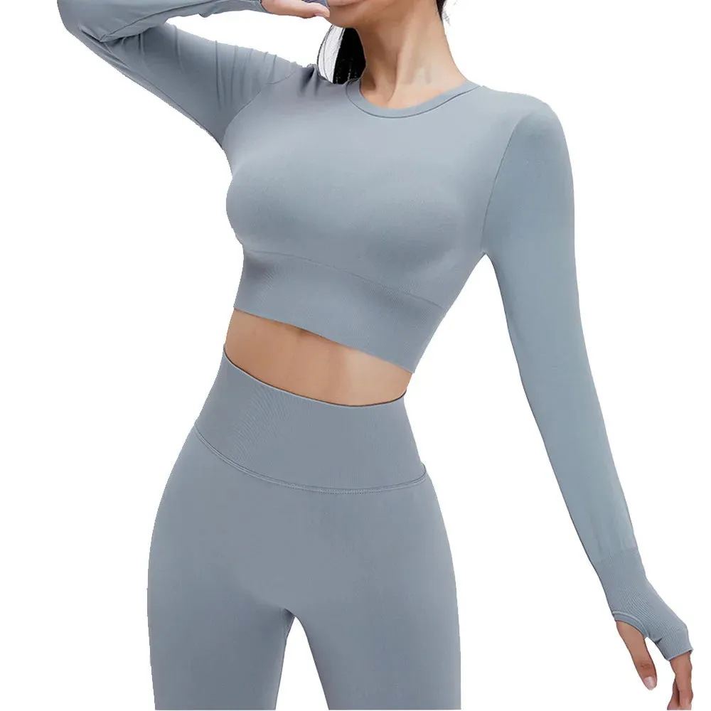 Seamless Sports Suit Yoga Set for Women - Fitness Wear Long Sleeve Yoga Clothing Gym Workout Sportswear, Two-Piece Tracksuit