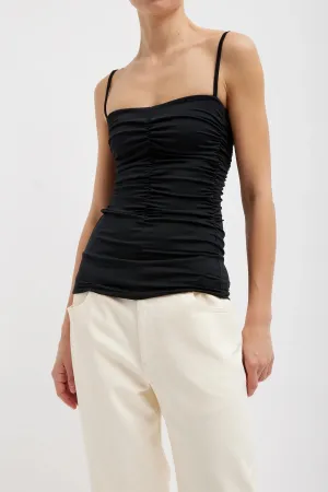 Stretch Light Weight Tech Knit Shirred Cami in Black